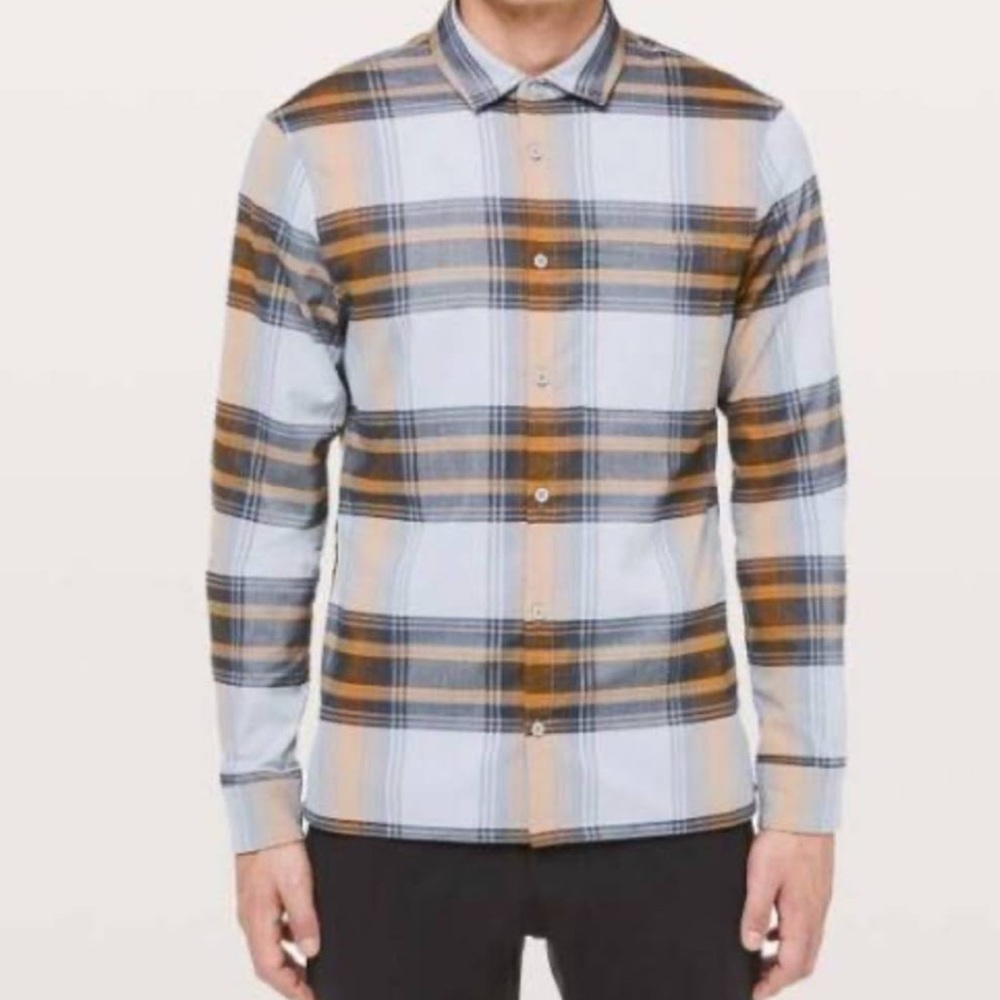 Lululemon Mens Masons Peak Flannel ButtonDown in Gray Orange Plaid - Large